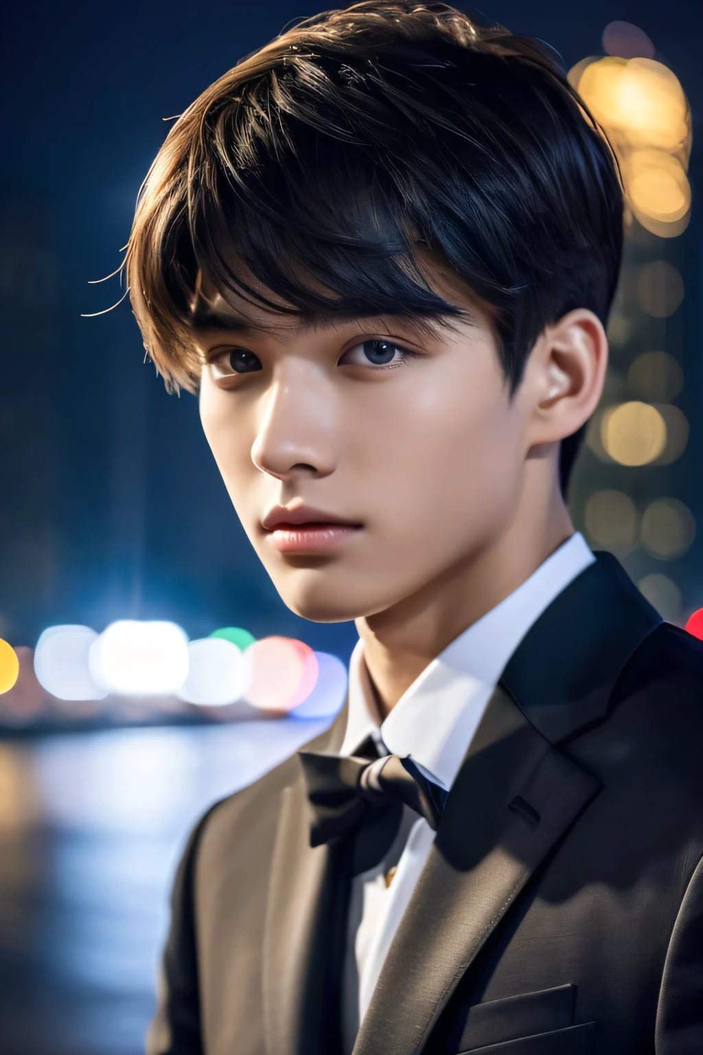 Highest quality, masterpiece, Ultra-high resolution, (Realistic: 1.4), Original photo, wallpaper, Head Photo, skin, Simple Background, Iris, detailed, Selfie, 1 boy, 18-year-old, good looking, Wind,Night view、suit