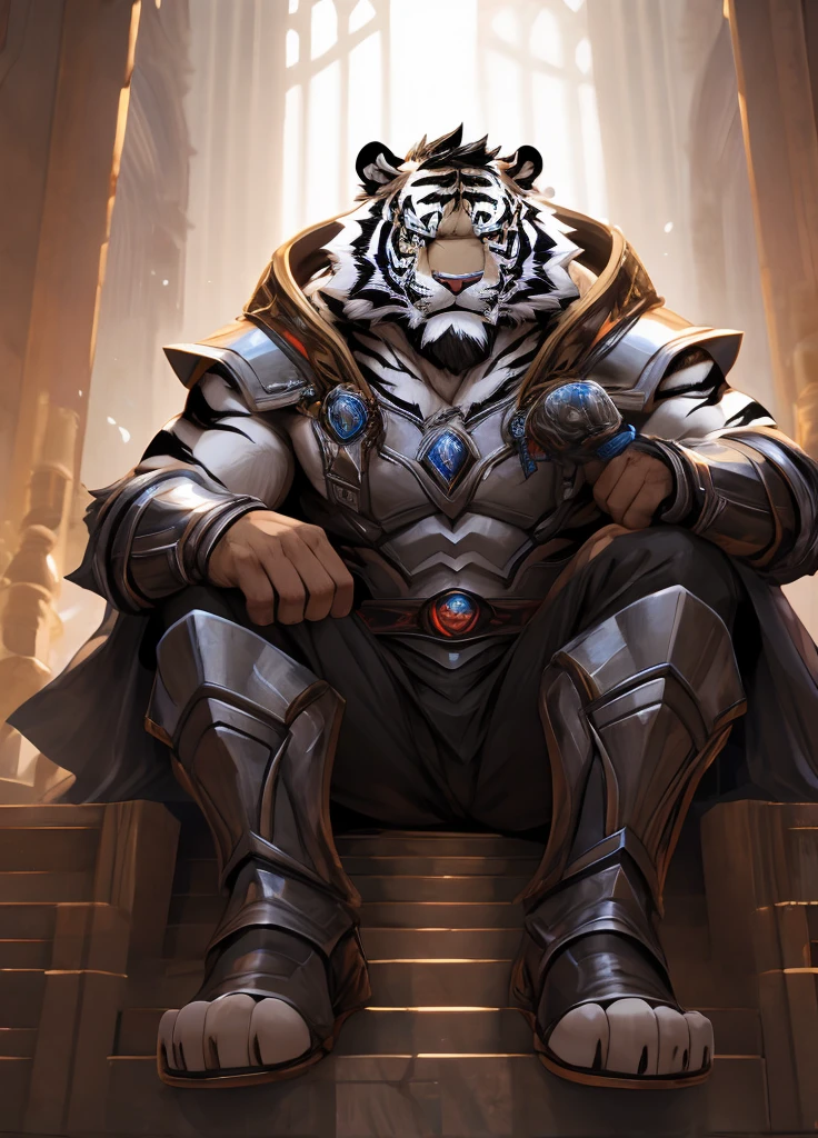 human nature((dramatic))epic, Dynamic poses, Dynamic Angle, A scene, Extreme perspective and strong composition, ridiculous, (Very detailed), Clear focus, Genji, Eye, black Eye, hairy, White fur, Black and White fur, black beard, Black Hair,human nature (White Tiger), male, middle aged, White body, White belly, muscular ,Very detailed face, (delicate Eye), 1 boy, Sitting on the throne,(Lift one foot 1.2),((Feet facing camera 1.5)),Silver Armor,Gray robe,(Messy 1.4),Bottom-up perspective,(1.2)Motion Blur, (best quality), (masterpiece), High Detail, high quality, The award-winning, high resolution, HD, 16K