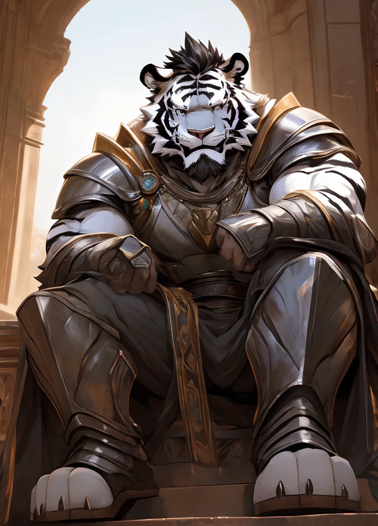 human nature((dramatic))epic, Dynamic poses, Dynamic Angle, A scene, Extreme perspective and strong composition, ridiculous, (Very detailed), Clear focus, Genji, Eye, black Eye, hairy, White fur, Black and White fur, black beard, Black Hair,human nature (White Tiger), male, middle aged, White body, White belly, muscular ,Very detailed face, (delicate Eye), 1 boy, Sitting on the throne,(Lift one foot 1.2),((Feet facing camera 1.5)),Silver Armor,Gray robe,(Messy 1.4),Bottom-up perspective,(1.2)Motion Blur, (best quality), (masterpiece), High Detail, high quality, The award-winning, high resolution, HD, 16K