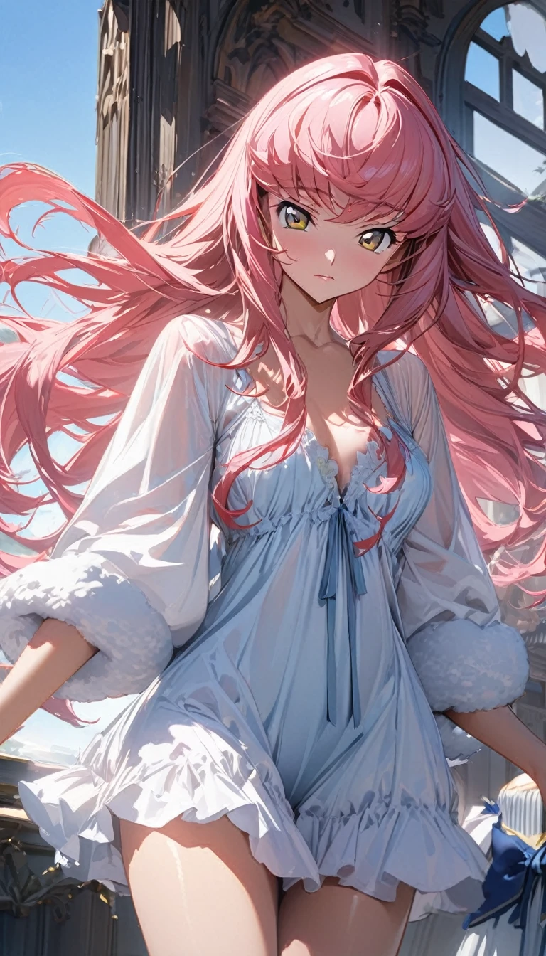 One woman, Ultra-high resolution, 超detailed, Highest quality, 8k,((Highest quality)), ((masterpiece)), (detailed),Face direction(front),Hair Color(Bright pink,Fine hair quality, Soft and fluffy),background(blue sky,morning),eye(パッチリとしたeye元), clothing(negligee),expression(Exquisite features depicting a perfect face),Body Type(model,Naturally beautiful),Perfect hands,The perfect woman, Dramatic Shadows,Cute pose,Anime characters, Code Geass