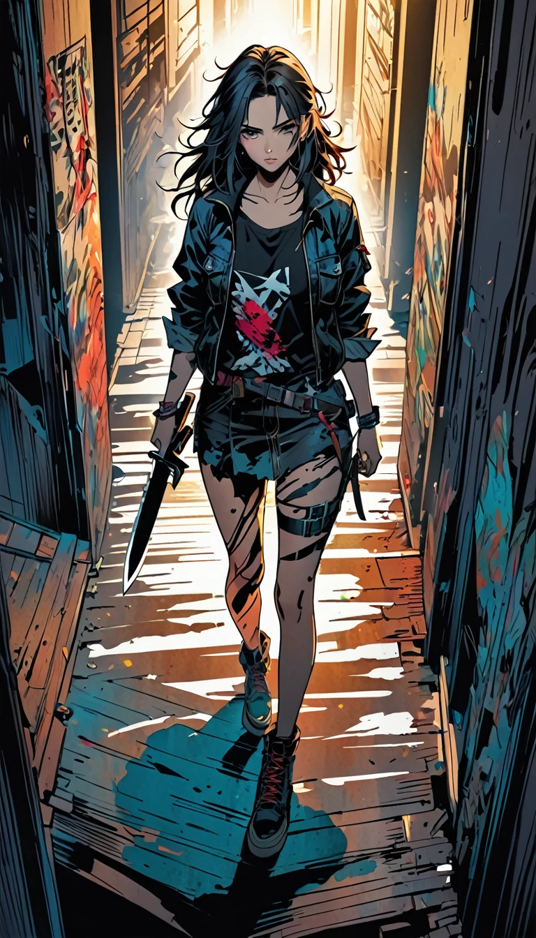 8K, masterpiece, full body image, top angle, sexy beautiful assassin holding a survival knife in the shadows, messy hair, grunge fashion, concentrated lines on the figure, flashy effects, manga-style ink painting style