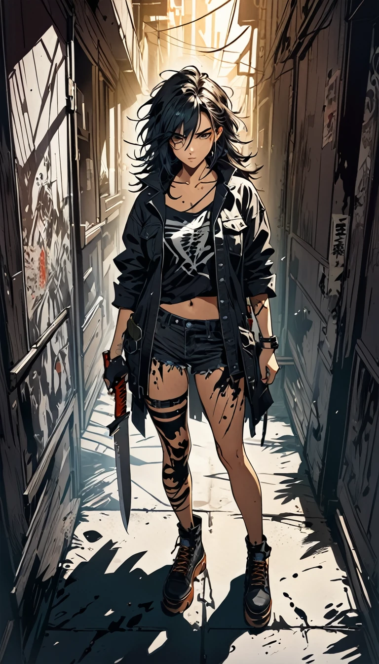 8K, masterpiece, full body image, top angle, sexy beautiful assassin holding a survival knife in the shadows, messy hair, grunge fashion, concentrated lines on the figure, flashy effects, manga-style ink painting style