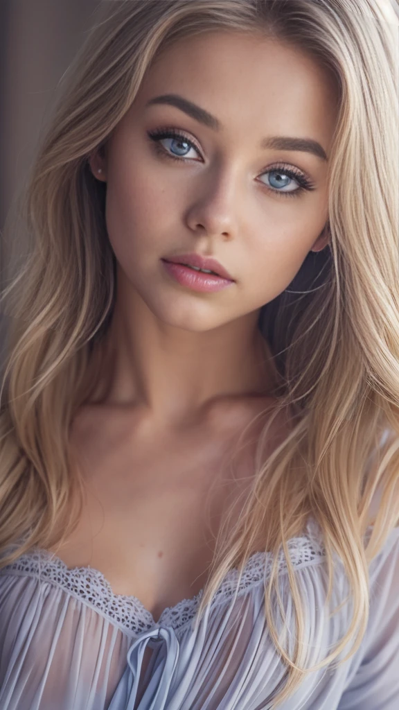 full body view of a nude gorgeous European woman, Age 23, small bust, Sexy blue-eyed girl, Ultra photo realism, detailed meticulous, portrait sophie mudd, blonde hair and large eyes, bedroom eyes, Violet Myers, Natural makeup, look straight at the camera, face with artgram, Subtle makeup, Stunning full body shot,
