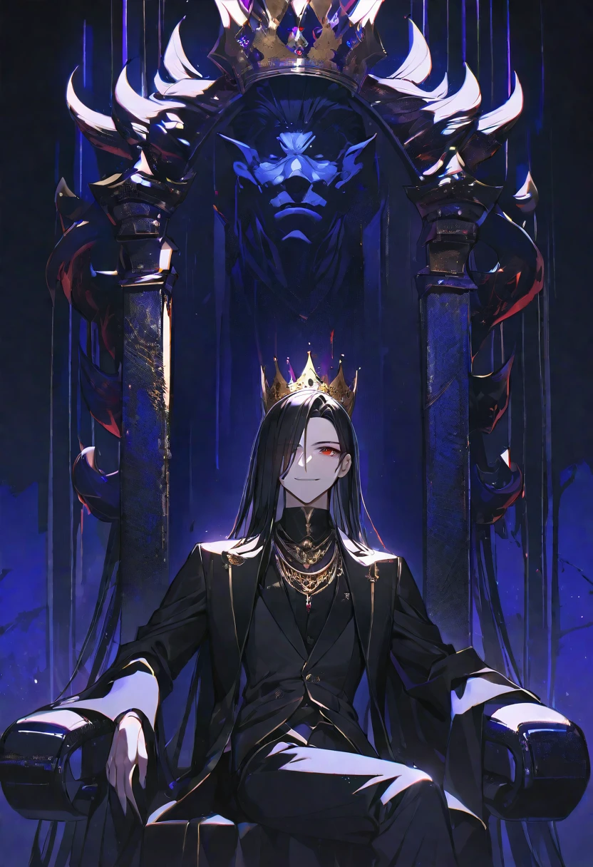 alone,good looking,
1. male,
bangs,Straight hair,Bob Hair, ,
Black Hair,
Satoru Gojo ,
Red eyes,
beautiful,Sexy,darkness,Gold Necklace,
Black suit ,smile,King,crown,Slender,
Black Background ,High resolution, sit,Darkness,devil,Black light,