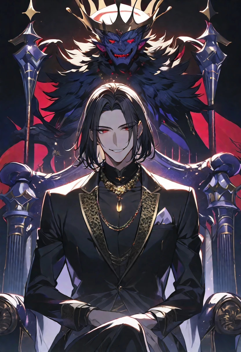 alone,good looking,
1. male,
bangs,Straight hair,Bob Hair, ,
Black Hair,
Satoru Gojo ,
Red eyes,
beautiful,Sexy,darkness,Gold Necklace,
Black suit ,smile,King,crown,Slender,
Black Background ,High resolution, sit,Darkness,devil,Black light,