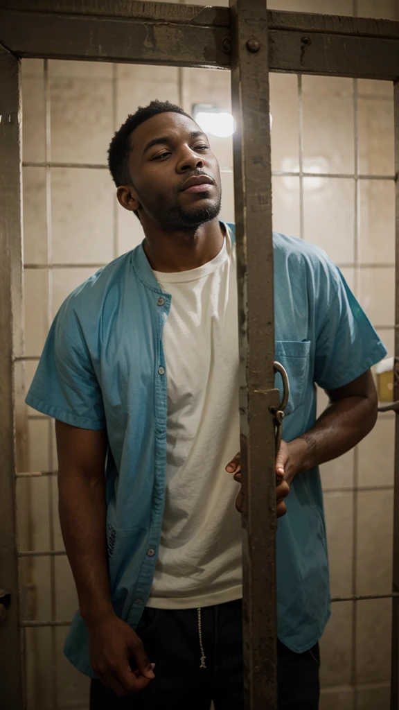 create a black man behind bars sad because he is in prison 