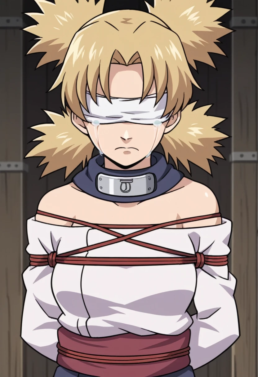 score_9, score_8_up, score_7_up, score_6_up, score_5_up, score_4_up, BREAK, source_anime, ytemari, 1girl, blonde hair, quad tails, fishnets, purple garment, sash, hands behind back, frown,crying, upper body, looking at viewer, solo, simple background, abandoned warehouse background, anime screencap, anime coloring, white cloth gag, panic expression, struggling, white cloth blindfold over eyes, timebomb in background, blindfolded, extreme panic expression, shibari ropes, timebomb dynamite on box in warehouse