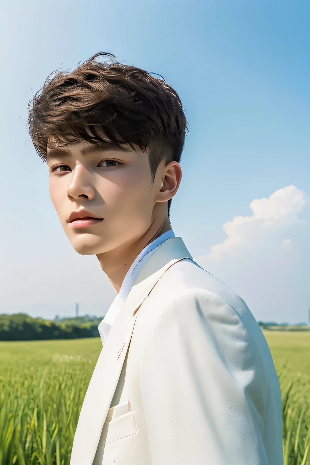 Highest quality, masterpiece, Ultra-high resolution, (Realistic: 1.4), Original photo, wallpaper, Head Photo, skin, Simple Background, Iris, detailed, Selfie, 1 boy, 18-year-old, good looking, Wind,White suit、grassland