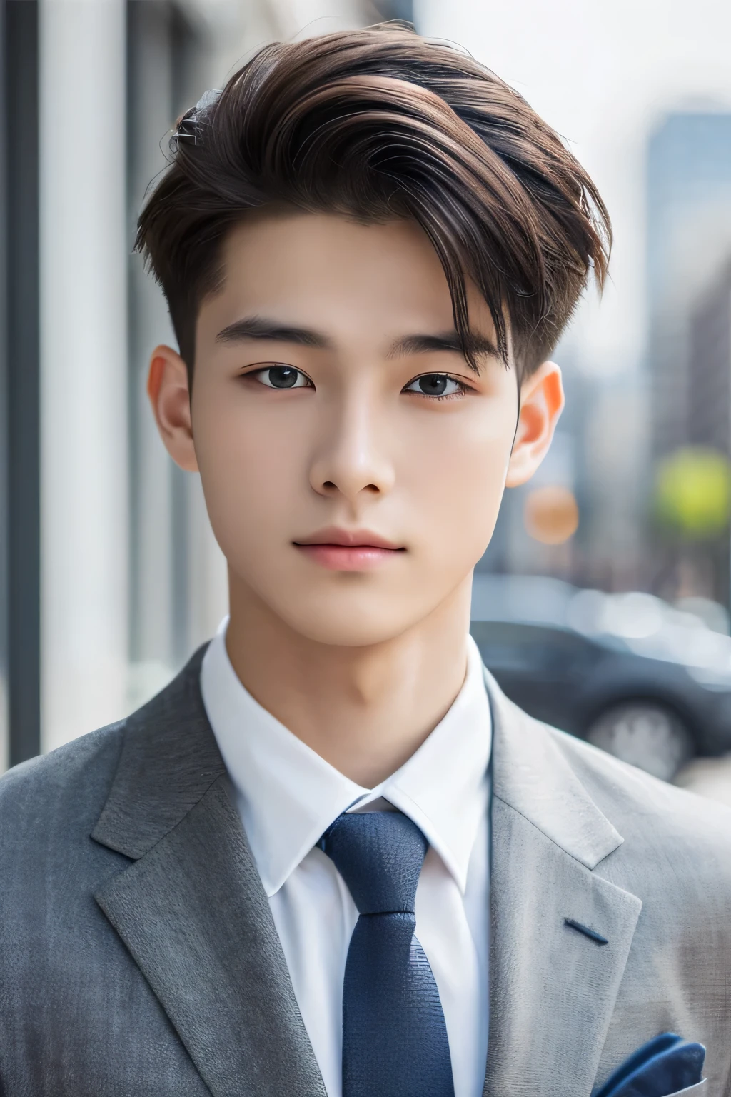 Highest quality, masterpiece, Ultra-high resolution, (Realistic: 1.4), Original photo, wallpaper, Head Photo, skin, Simple Background, Iris, detailed, Selfie, 1 boy, 18-year-old, good looking, Wind,Grey suit、office Street