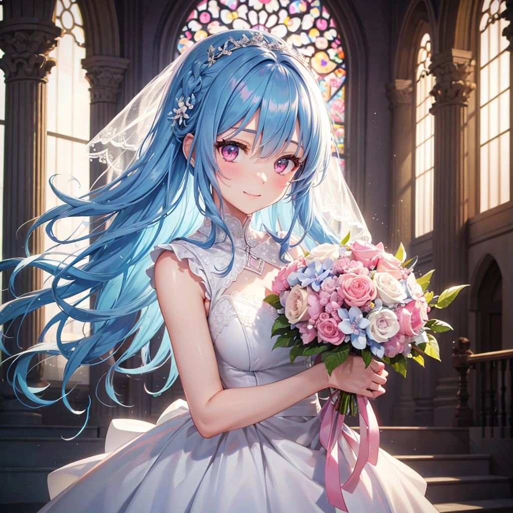 Sky Blue Medium Hair, (Braided Hair),(Pink Eyes),Fair skin ,(whole body),(1 girl),bride,smile、Straight bangs, 6月のbride,Wedding dress,(masterpiece, Highest quality, Very detailed, Best Shadow), (Detailed Background), (Beautifully detailed face), High Contrast, (Best lighting, Very delicate and beautiful), ((Cinematic Light)), colorful, Hyper Detail, Dramatic Light, Intricate details,Wedding hall,