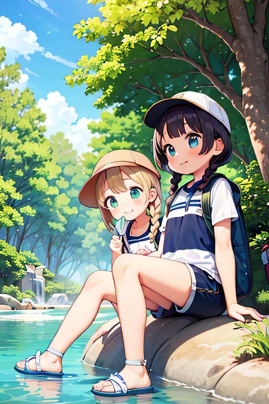Highest quality、High resolution、Detailed Background、(Beautiful face in every detail:1.4)、Anatomically correct、Normal number of fingers、Detailed facial expressions、(Detailed eyes:1.2)、age beauty、Light color hair、Braided Ponytail、Braided bob cut、Braided twin tails、cute gesture、Innocent joy、A sense of freedom in nature、A cool day swimming in the river、
(Two girls enjoying a cool dip in the river:1.5)、
In the blazing summer sun、I can hear the river babbling、We all run out、
Walking along the river、Eventually you'll reach the water's edge、Playing in the water under the speech bubble、Excited voices echo throughout the room.、
Taking off your shoes and soaking your feet in the water brings a smile to your face.、Enjoy the pleasant time as you touch the cold water、
Children gather stones, throw them into the water, and cheer as they splash about.、It's cute to see them having so much fun riding on a swim ring and feeling the current.、
Eating lunch in the shade of the trees helps to ease fatigue.、Enjoy the pleasant breeze and nature that will leave you with fond memories.、Smiles on everyone's faces、It was a day of swimming in the river that satisfied both body and mind.、
Rash guard、Shorts、sandals、I call chap、Short sleeve T-shirt、Shorts、sneakers、backsack、cute