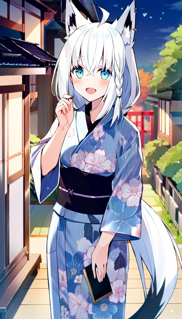 one girl, Shirakami Fubuki, fox ears, white hair, naive, yukata