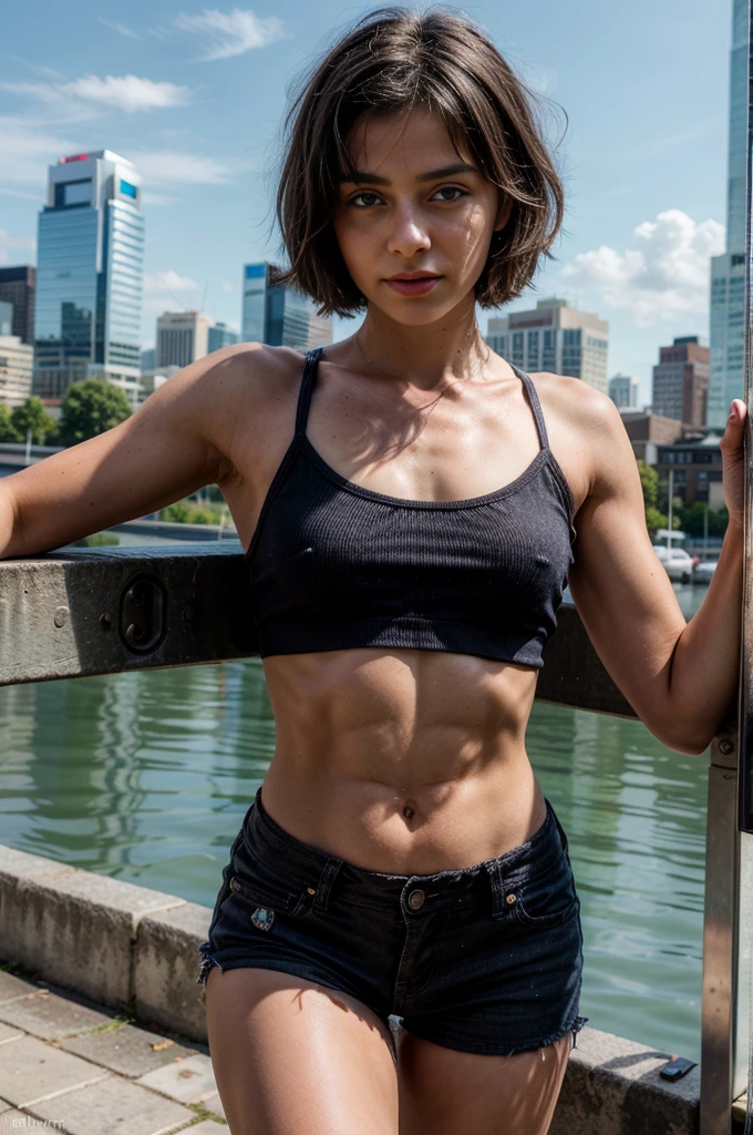 -yeld girflat chest, slim, short black hair, blue eyes, city, absurdres, high res, ultrasharp, 8K, masterpiece, looking at viewer, white crop top, (flat chest), strong arms, muscular thighs, ripped muscles, six pack abs, muscle arms, muscular,
