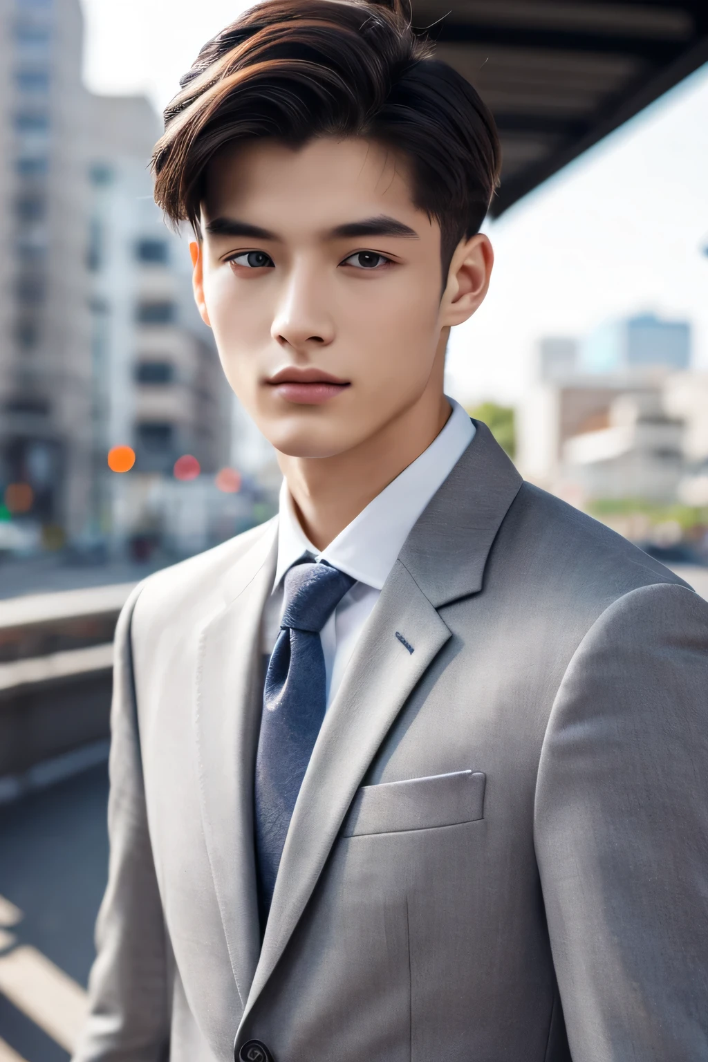 Highest quality, masterpiece, Ultra-high resolution, (Realistic: 1.4), Original photo, wallpaper, Head Photo, skin, Simple Background, Iris, detailed, Selfie, 1 boy, 18-year-old, good looking, Wind,Grey suit、office Street