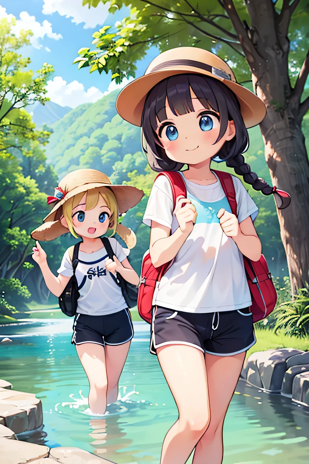 Highest quality、High resolution、Detailed Background、(Beautiful face in every detail:1.4)、Anatomically correct、Normal number of fingers、Detailed facial expressions、(Detailed eyes:1.2)、age beauty、Light color hair、Braided Ponytail、Braided bob cut、Braided twin tails、cute gesture、Innocent joy、A sense of freedom in nature、A cool day swimming in the river、
(Two girls enjoying a cool dip in the river:1.5)、
In the blazing summer sun、I can hear the river babbling、We all run out、
Walking along the river、Eventually you'll reach the water's edge、Playing in the water under the speech bubble、Excited voices echo throughout the room.、
Taking off your shoes and soaking your feet in the water brings a smile to your face.、Enjoy the pleasant time as you touch the cold water、
Children gather stones, throw them into the water, and cheer as they splash about.、It's cute to see them having so much fun riding on a swim ring and feeling the current.、
Eating lunch in the shade of the trees helps to ease fatigue.、Enjoy the pleasant breeze and nature that will leave you with fond memories.、Smiles on everyone's faces、It was a day of swimming in the river that satisfied both body and mind.、
Rash guard、Shorts、sandals、I call chap、Short sleeve T-shirt、Shorts、sneakers、backsack、cute