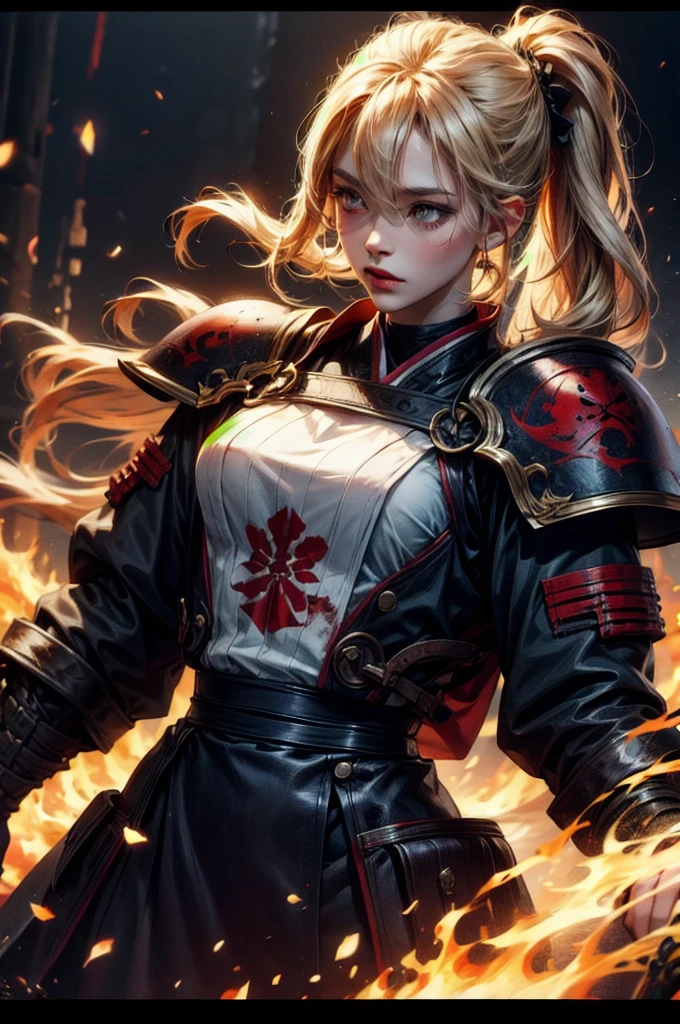 (absurdres, highres, ultra detailed), clean detailed anime art, 1woman, blond hair, long hair, pony tail, yellow eyes, white skin, samurai, blood on clothes, after battle, day, battlefield