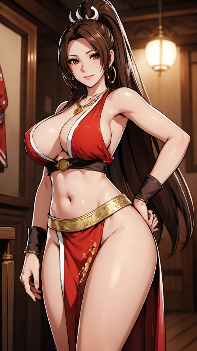 RisaHamazak1, brown hair, long hair, brown eyes, hoop earrings, forehead, large breasts, harem_outfit,navel, necklace, pelvic_curtain,revealing_clothes, gold accessories, smile, looking at viewer, 1girl, solo, indoors, exposed belly, exposed navel, exposed midriff, exposed lower belly