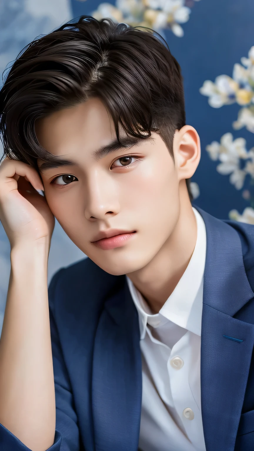 Highest quality, masterpiece, Ultra-high resolution, (Realistic: 1.4), Original photo, wallpaper, Head Photo, skin, Simple Background, Iris, detailed, Selfie, 1 boy, 18-year-old, good looking, Wind,Navy blue suit
