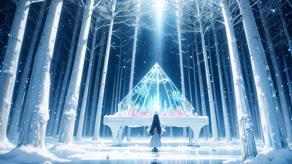 Forest of glass trees in a winter landscape, anime style to contemporary classical music. Transparent trees that refract light creating rainbows in the snow. Musical snowflakes that tinkle as they fall. An ice piano in a clearing, touched by invisible hands. Delicate and detailed animation style, reminiscent of 'Your Name' by Makoto Shinkai. Cold and bright colors: pure whites, icy blues and flashes of prismatic colors. Atmosphere of fragile beauty and crystalline music