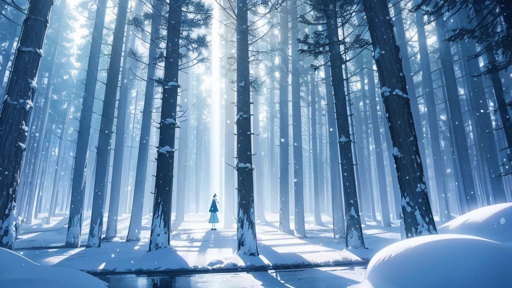 Forest of glass trees in a winter landscape, anime style to contemporary classical music. Transparent trees that refract light creating rainbows in the snow. Musical snowflakes that tinkle as they fall. An ice piano in a clearing, touched by invisible hands. Delicate and detailed animation style, reminiscent of 'Your Name' by Makoto Shinkai. Cold and bright colors: pure whites, icy blues and flashes of prismatic colors. Atmosphere of fragile beauty and crystalline music
