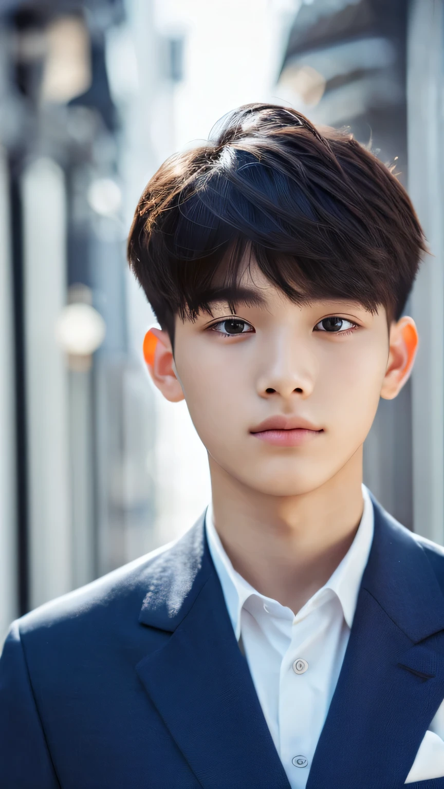 Highest quality, masterpiece, Ultra-high resolution, (Realistic: 1.4), Original photo, wallpaper, Head Photo, skin, Simple Background, Iris, detailed, Selfie, 1 boy, 18-year-old, good looking, Wind,Navy blue suit