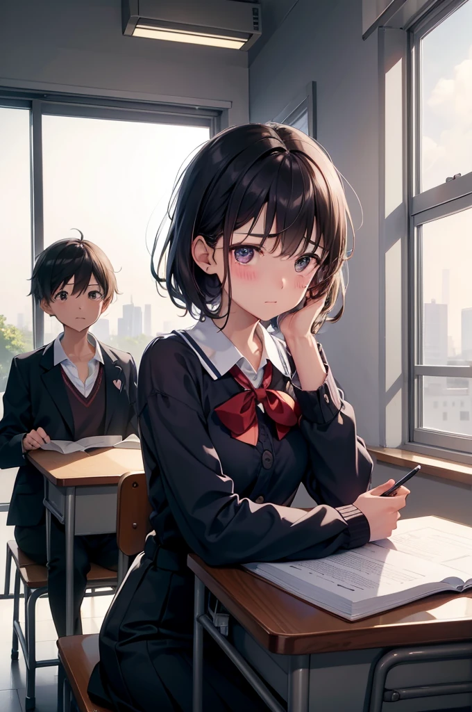 Create exquisite illustrations, Extremely fine detail and top quality. In the school classroom, Heart-touching scenes unfold. Young girl sitting at desk, When I look down embarrassed and embarrassed、Her gaze went down, Her cheeks stained with blush.