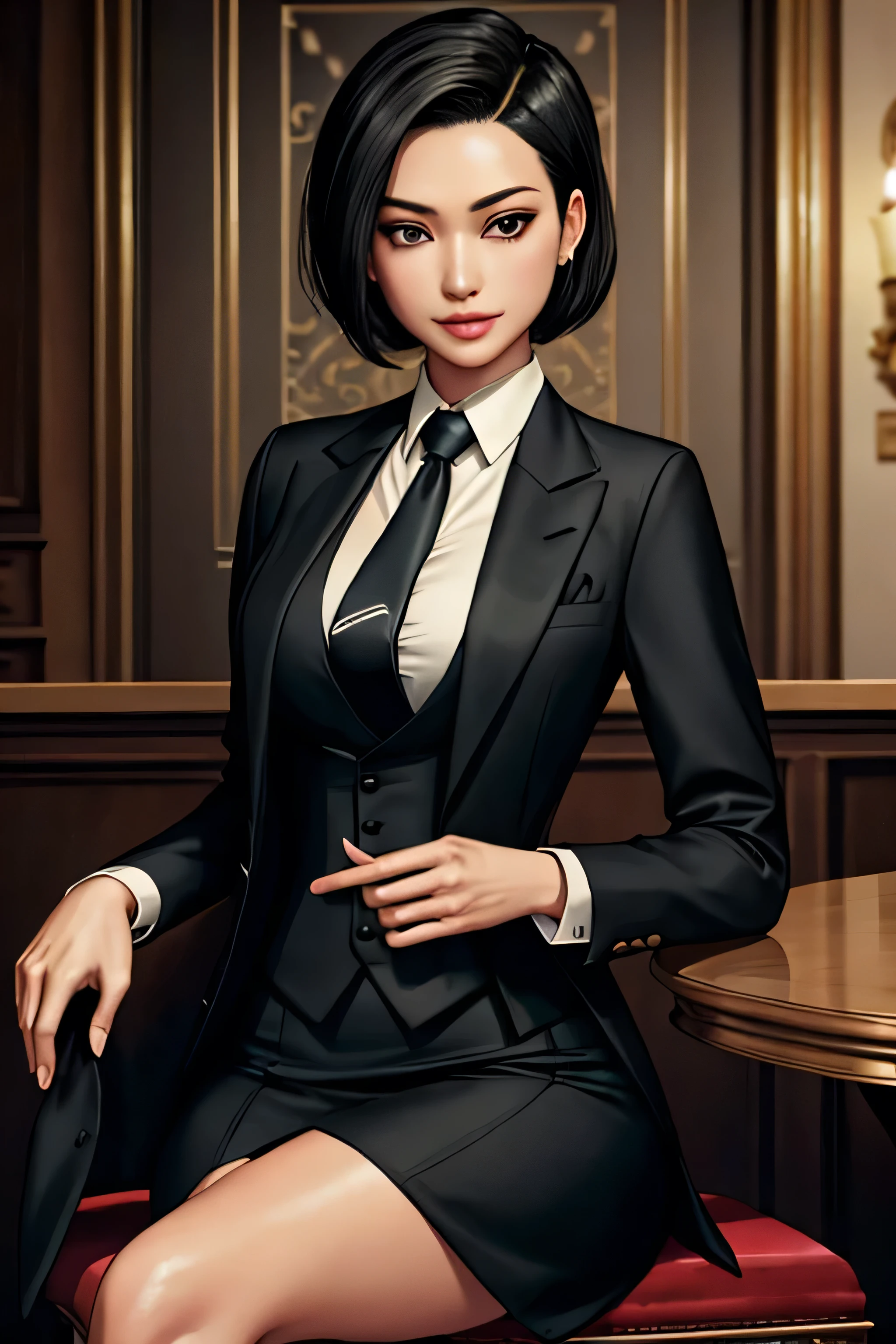 1 asian woman, spy, elegantly dressed, smirk, short black hair, holding a cigar, y2k animation, hq, intricate detail, high quality, smooth, (masterpiece, best quality), skirt suit, (((three-piece suit))), (((dress shirt))), (((necktie))), (((blazer))), (((suit jacket))), ((waistcoat)), double-breasted waistcoat, (((bodycon miniskirt))), pocket square, cufflinks, tie clip, tight clothing, formal clothing, slender figure, tailored suit,, sitting at bar,