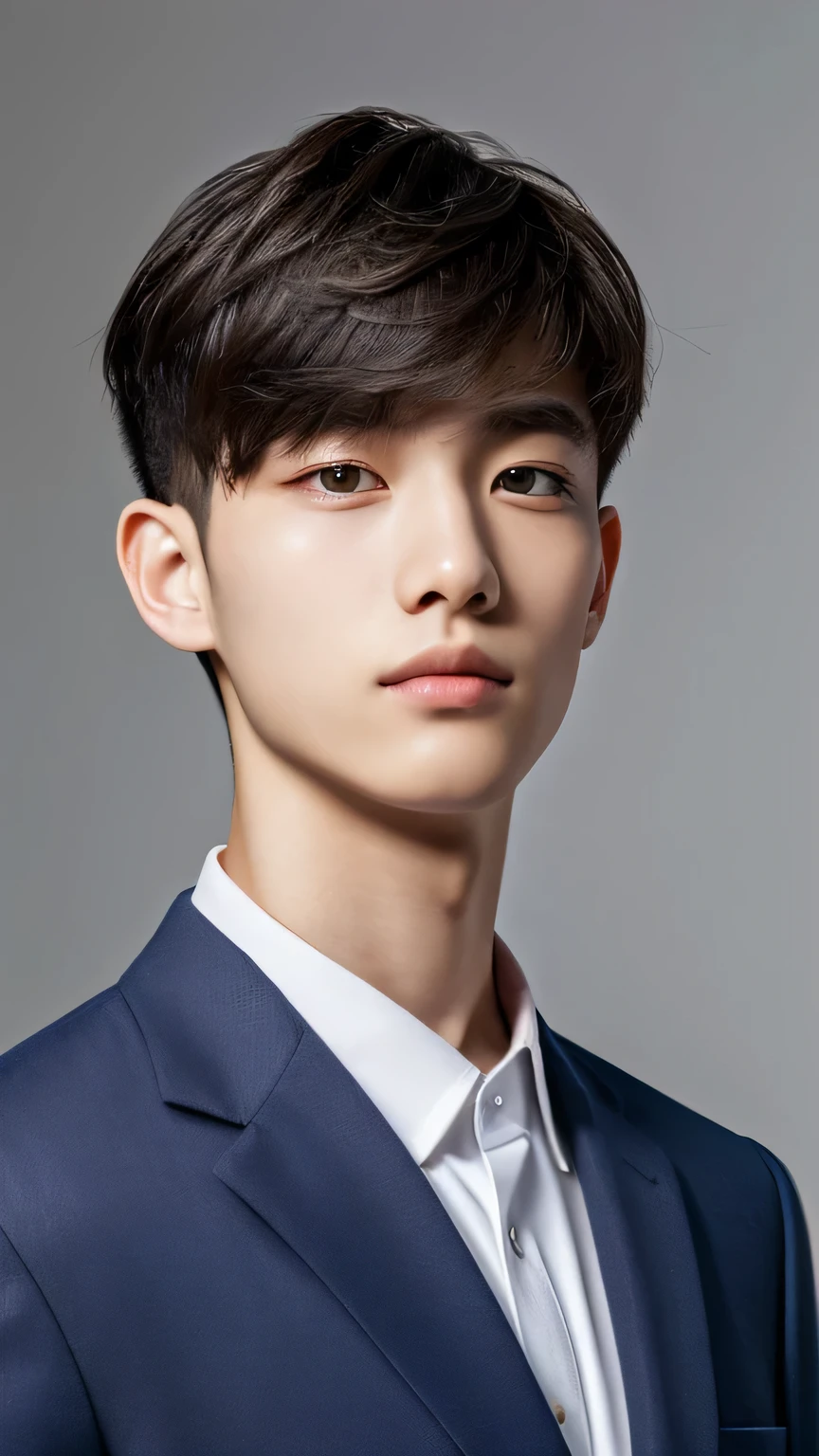 Highest quality, masterpiece, Ultra-high resolution, (Realistic: 1.4), Original photo, wallpaper, Head Photo, skin, Simple Background, Iris, detailed, Selfie, 1 boy, 18-year-old, good looking, Wind,Navy blue suit