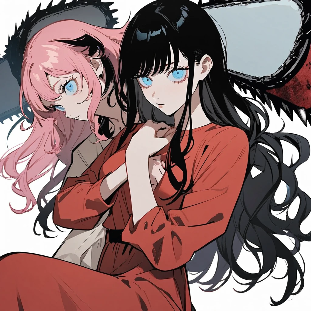 Demon Slayer in her long-sleeved button-down shirt uniform with big breasts and feminine curves, missing above the knees black color,a white haori with pink flowers that reaches the knee with big pink eyes, lips neither big nor thin and small nose, Knee-length pink hair loose and in a fighting pose.