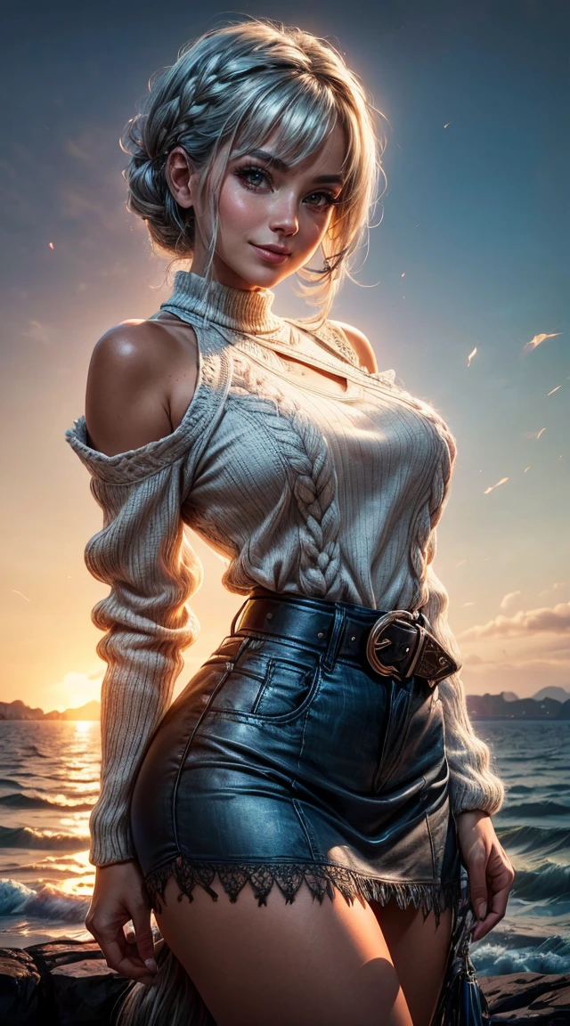 sunset city,The actress is a very beautiful Western adult woman...... bobbin lace ruffle miniskirt,sexy face, Belt pouch, Oversized Loose Bobbin Lace Sweater, V-neck and cold shoulders . happy smile.sexy face, (silver hair、Bollos retorcidos en una Horse tail adornados con trenzas y cuentas elaboradas.,Fishbone Braiding Hair,),(The fringes are transparent fringes.),(shorten、Horse tail、by the floating、),.(great emphasis:1.3),Use the sunset as lighting.,cinematic light,(mesa,Maximum quality,Ultra-high resolution output image,) ,(8K quality,),(marine art mode 2:1.3),,(Ultra HD picture mode,)
