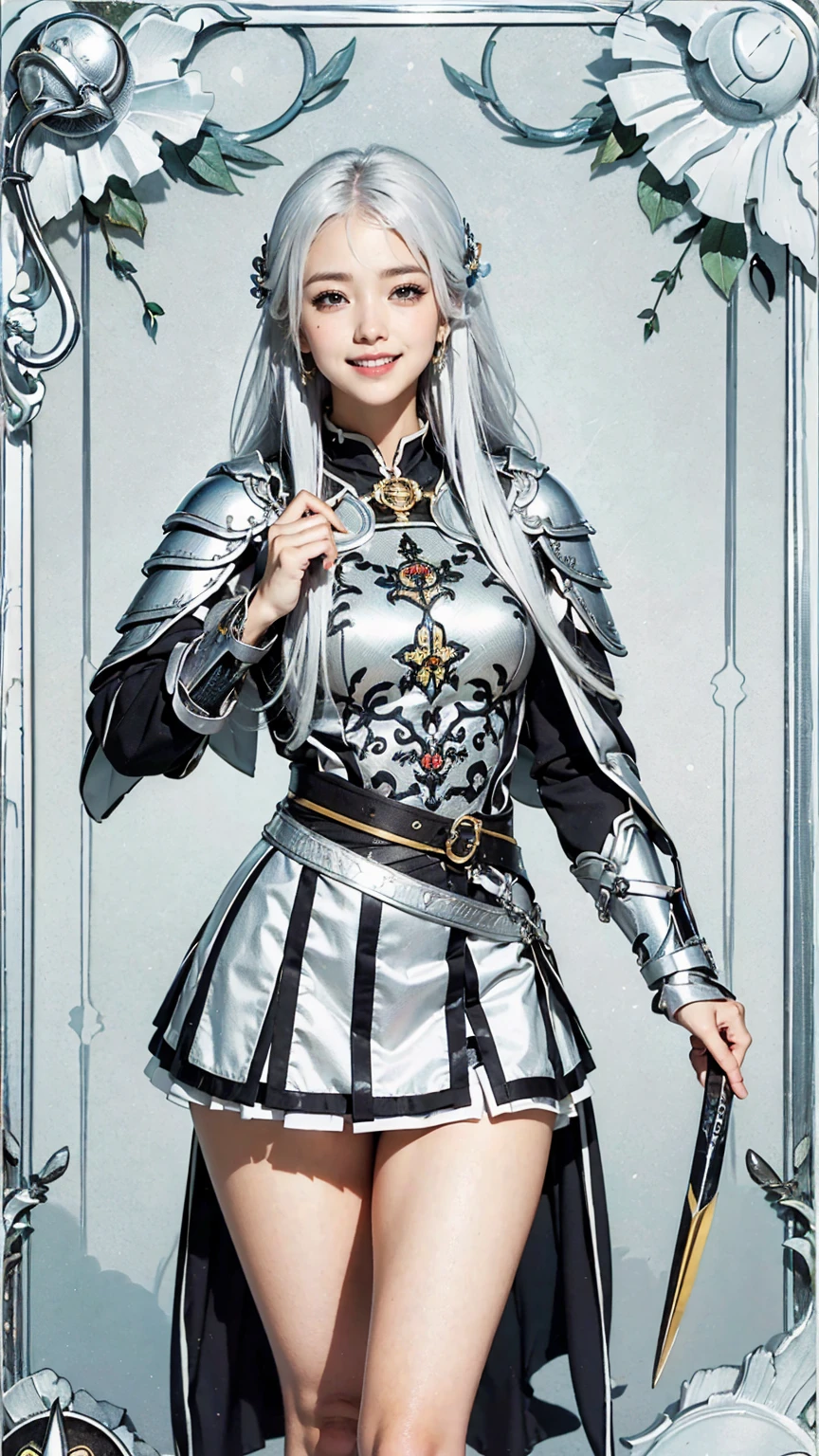 (Tarot card style:1.3), (Anime Style:1.3), masterpiece, Highest quality, Highest Resolution, Anatomically correct, Accurate Anatomy, (Floral blank background:1.3), (1girl:1.3), 20-year-old, Height: 165cm, Shot from thigh up, (Thick thighs:1.2), (Long Hair, Straight Hair, Silver Hair:1.3), (Squint your eyes, Sharp Eyes, (Iris:1.2)), (Hidden eyelid wrinkles:1.2), Thin eyebrows, Draw eyelashes carefully, Natural Makeup, Chin up, Grin, Slightly to the side, (Warrior of the fantasy world:1.3), (Pose a random model:1.2)