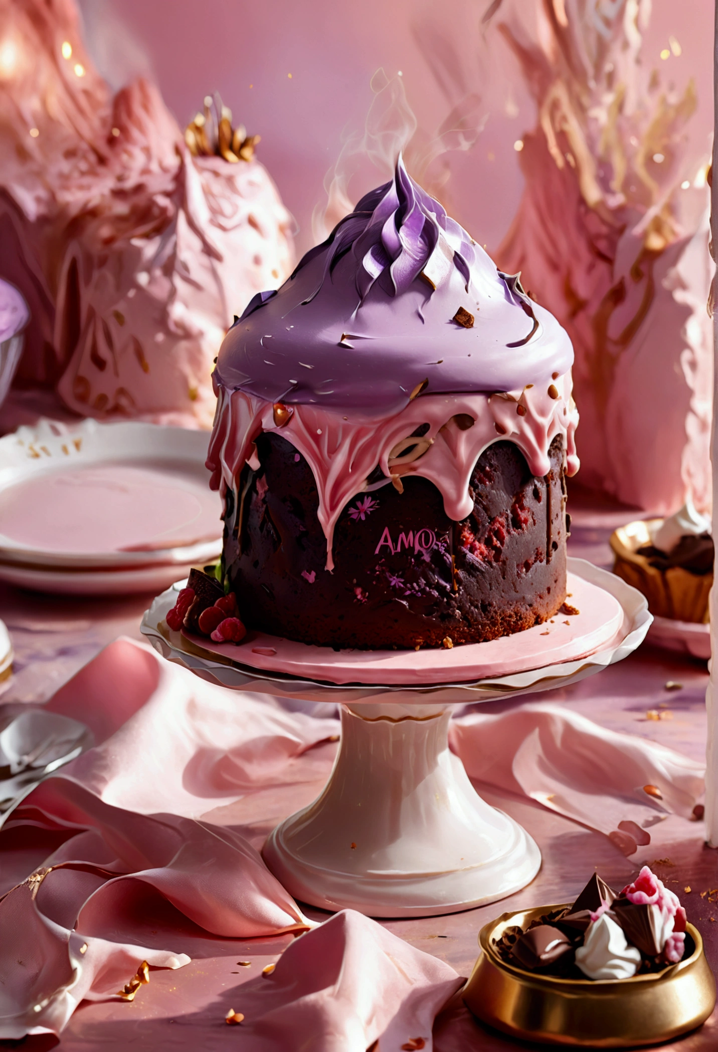 Captivating, high-resolution illustration of the "AMOR DOCE" brand logo. The design features a mini volcano cake, with a mouth-watering chocolate center, artistically rendered to be irresistibly delicious. Shades of baby pink and lilac adorn the cake, creating a sweet, delicate and charming aesthetic. Sleek typography is seamlessly integrated into the design, resulting in a visually stunning, cinematic illustration that perfectly represents the 12k format.