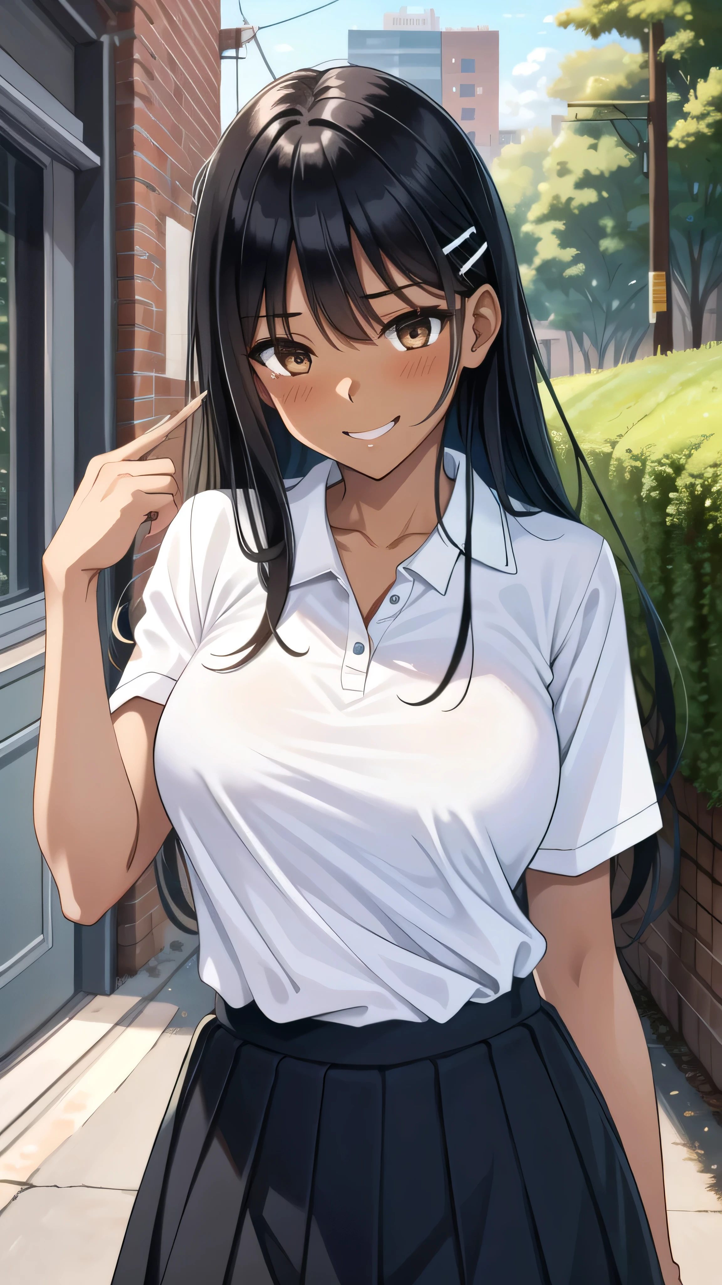 ((best quality)), ((masterpiece)), (details), one girl, sexy ((best quality)), ((masterpiece)), (details), one girl, sexy ((best quality)), ((masterpiece)), (details), one girl, full body, sexy expensive body, expensive, long legs, mature woman, mature, adult, it_nagatoro_main, Hayase Nagatoro, one girl, blushing, alone, uniform polo shirt, short sleeves, black hair,brown eyes, hair accessory, looking at viewer, hair clip, smiling, long hair, dark skinned woman, dark skin, , bangs, daytime, skirt, collared shirt, collarbone, ear clip, mouth closed, tree, asymmetrical bangs, upper body