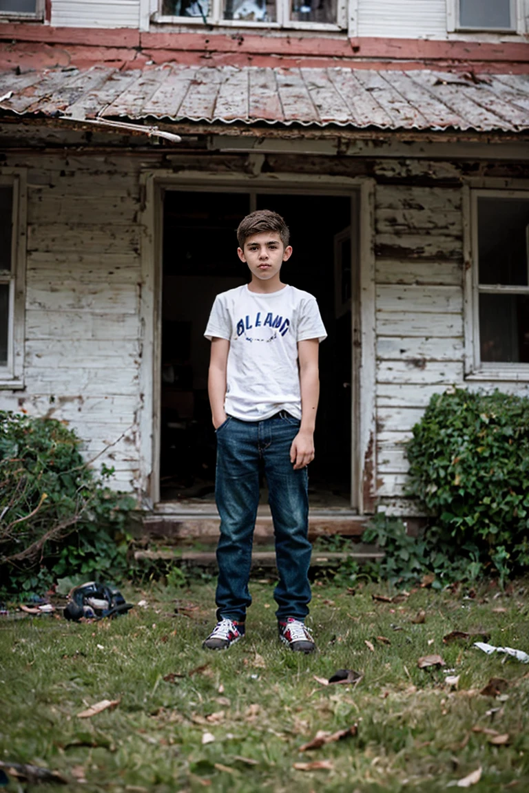 Realistic photo of cute teenager alone ,  boy , 18-years old , with a defined physique from lots of training , Standing in front of an abandoned house ,giorno