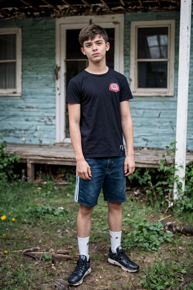 Realistic photo of cute teenager alone , little boy , 18-years old , with a defined physique from lots of training , Standing in front of an abandoned house ,giorno