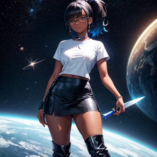 One girl, dark skin, Small breasts, wears thick-framed glasses that accentuate his facial features, Short black hair, Ponytail Silver Shirt, She is wearing another tight shirt underneath her shirt, Vibrant color details reminiscent of stars and planets in space, Blue skirt and high-top boots with non-slip soles,Holding a futuristic knife