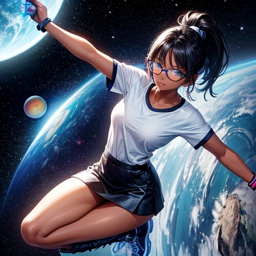 One girl, dark skin, Small breasts, wears thick-framed glasses that accentuate his facial features, Short black hair, Ponytail Silver Shirt, She is wearing another tight shirt underneath her shirt, Vibrant color details reminiscent of stars and planets in space, Blue skirt and high-top boots with non-slip soles,Holding a futuristic knife