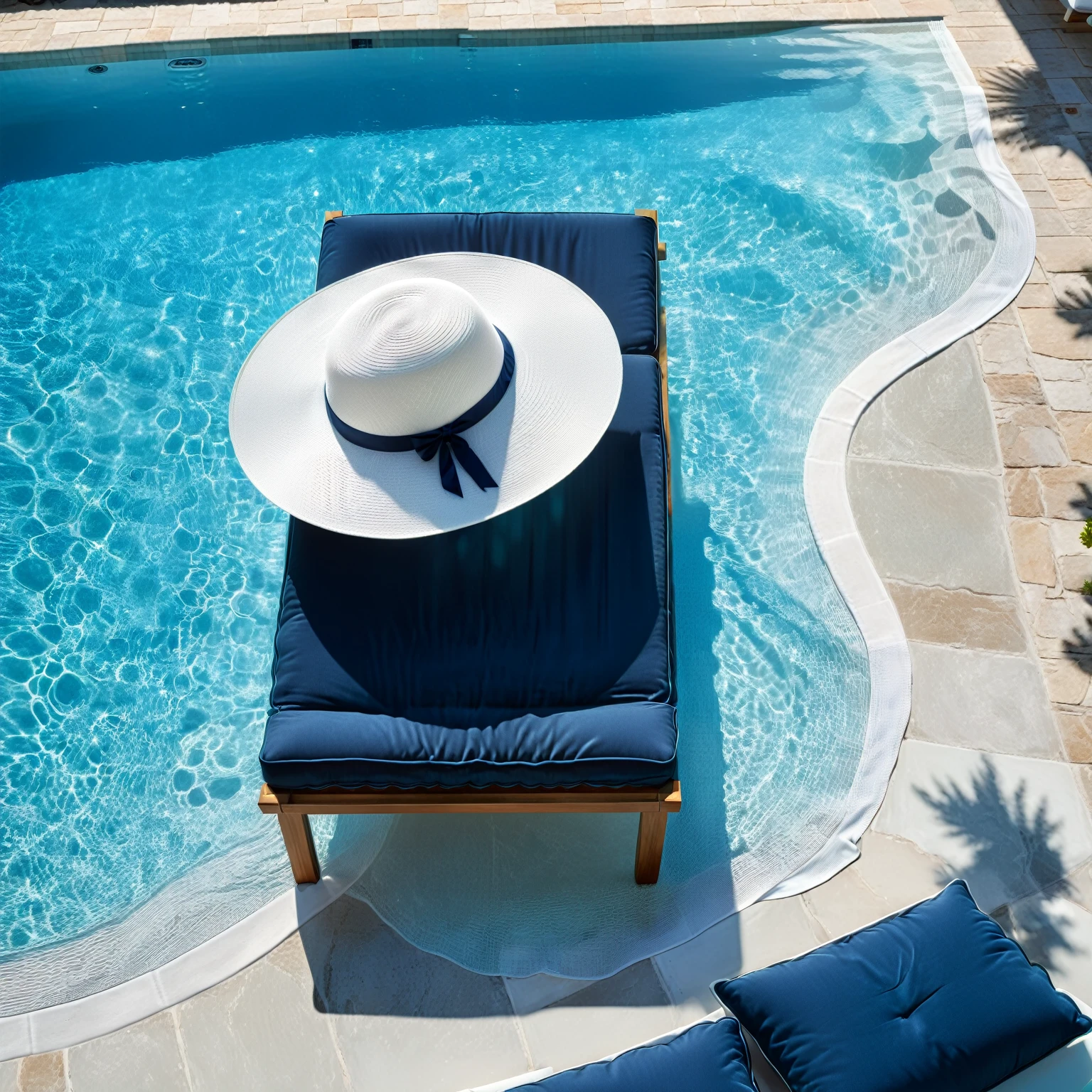 A 8k,original photo, best quality, realistic ,cinematic image of A clear image of a luxurious poolside cabana with white curtains billowing gently in the summer breeze. Crystal-clear water shimmers in the foreground, reflecting the bright blue sky. A comfortable chaise lounge chair sits beside the pool, inviting relaxation. A white sunhat with a navy ribbon rests on a nearby table, casting a cool shadow.