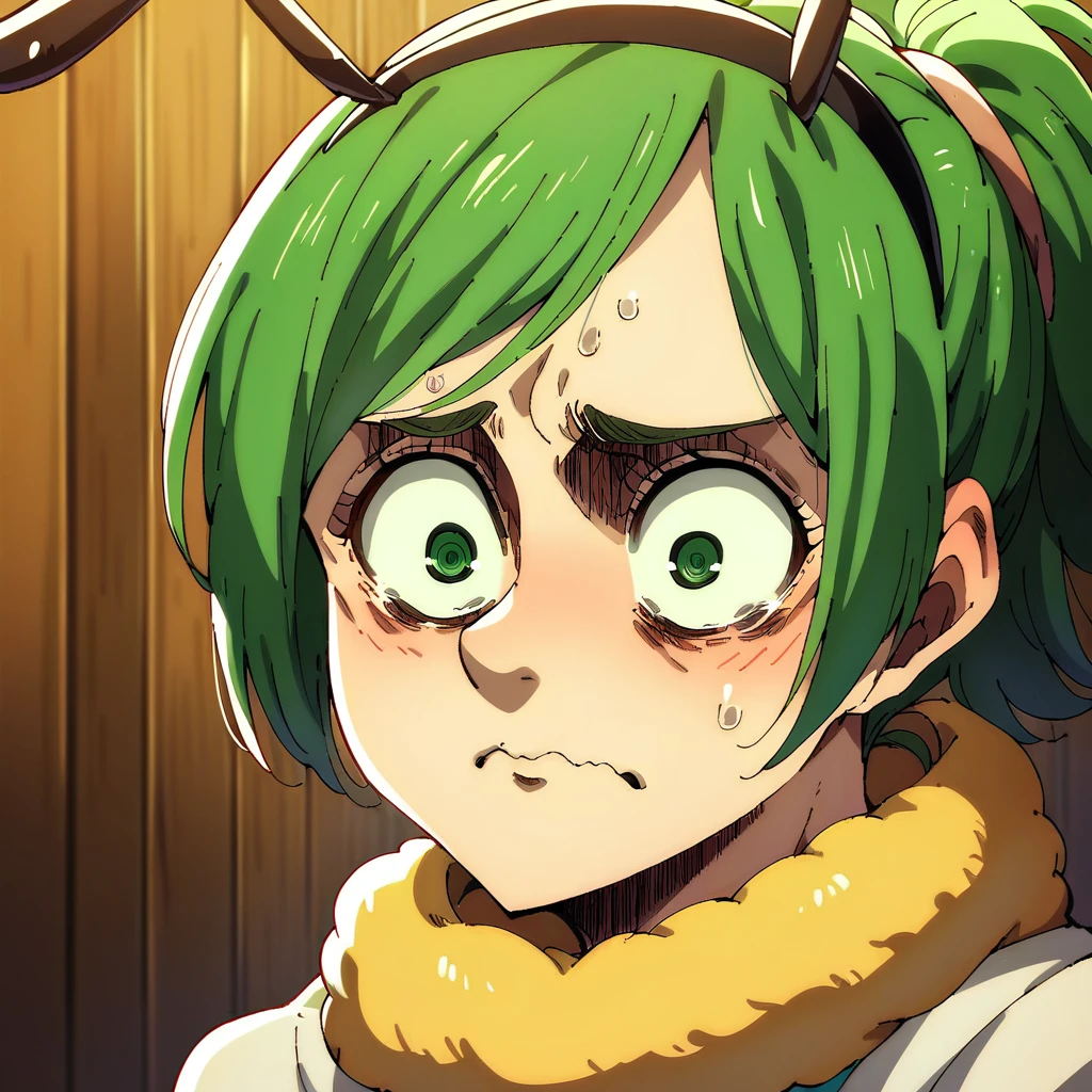 singeki_no_kyojin_s4_style,portrait, solo, Mion Sonozaki, green hair, green eyes, ponytail, shockedface,embarrassed, constricted pupils, honeybee, antennae,