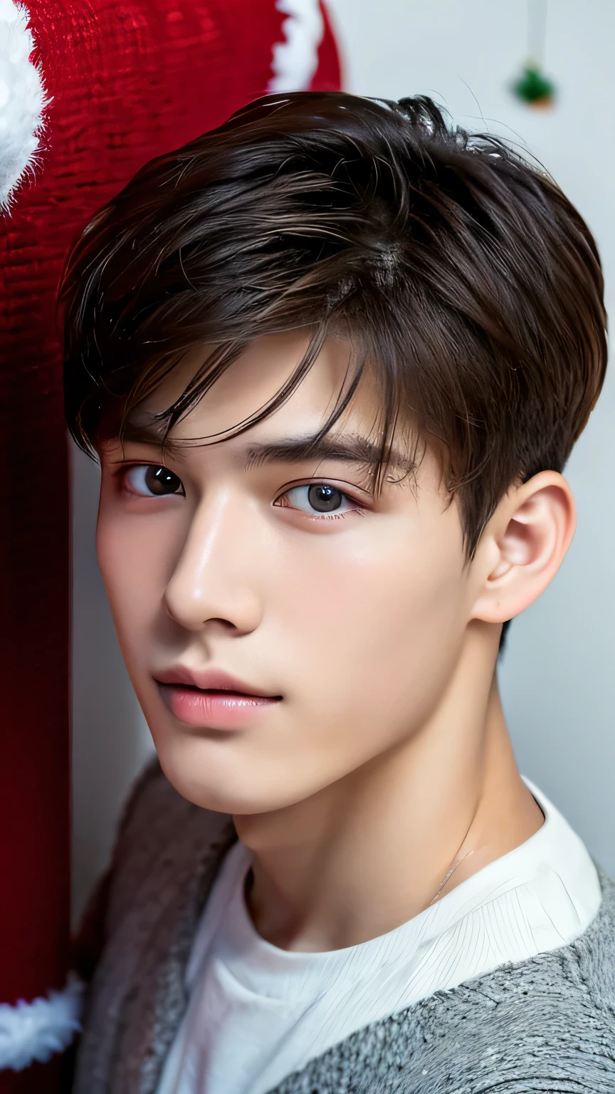 Highest quality, masterpiece, Ultra-high resolution, (Realistic: 1.4), Original photo, wallpaper, Head Photo, skin, Simple Background, Iris, detailed, Selfie, 1 boy, 18-year-old, good looking, Christmas