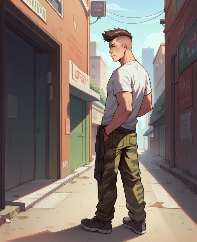 guy, buzzcut, camo pants, alleyway