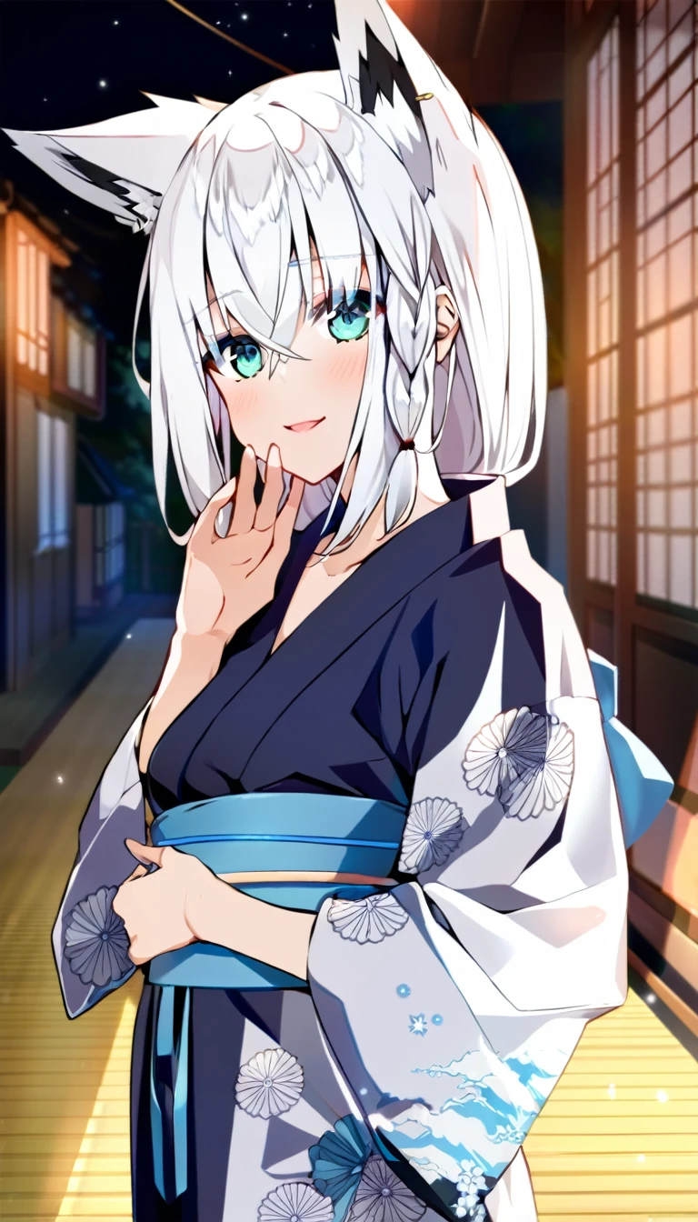 one girl, Shirakami Fubuki, fox ears, white hair, yukata, 