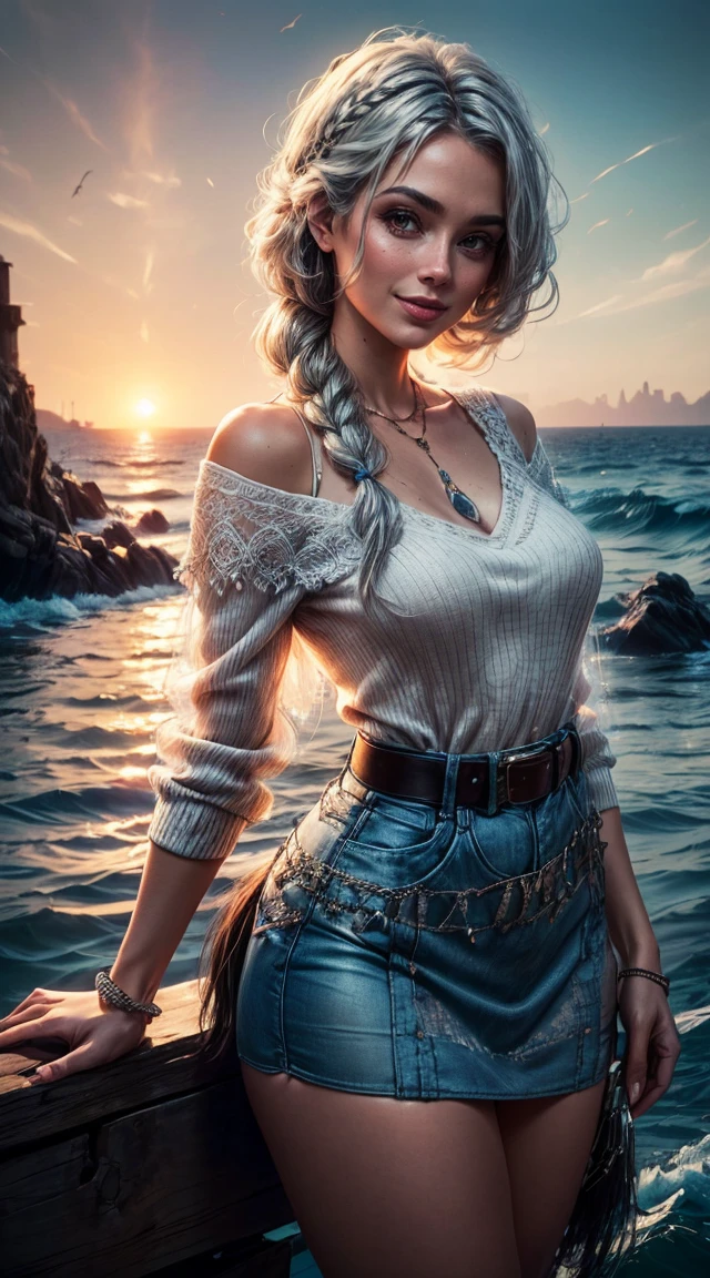 sunset city,The actress is a very beautiful Western adult woman...... bobbin lace ruffle miniskirt,sexy face, Belt pouch, Oversized Loose Bobbin Lace Sweater, V-neck and cold shoulders . happy smile.sexy face, (silver hair、Bollos retorcidos en una Horse tail adornados con trenzas y cuentas elaboradas.,Fishbone Braiding Hair,),(The fringes are transparent fringes.),(shorten、Horse tail、by the floating、),.(great emphasis:1.3),Use the sunset as lighting.,cinematic light,(mesa,Maximum quality,Ultra-high resolution output image,) ,(8K quality,),(marine art mode 2:1.3),,(Ultra HD picture mode,)
