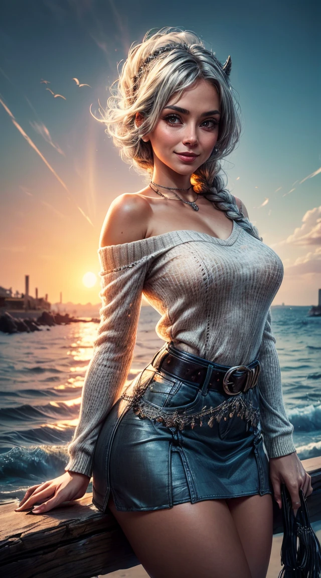 Quality (photo realistic style, UHD, 16k, textured skin, hight resolution), portrait of a beautiful southern woman, cloud hair, The perfect female face, wicked smile, girl wearing a dress