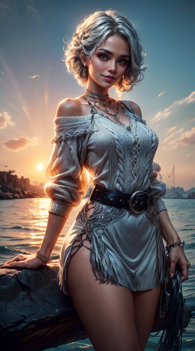 sunset city,The actress is a very beautiful Western adult woman...... bobbin lace ruffle miniskirt,sexy face, Belt pouch, Oversized Loose Bobbin Lace Sweater, V-neck and cold shoulders . happy smile.sexy face, (silver hair、Bollos retorcidos en una Horse tail adornados con trenzas y cuentas elaboradas.,Fishbone Braiding Hair,),(The fringes are transparent fringes.),(shorten、Horse tail、by the floating、),.(great emphasis:1.3),Use the sunset as lighting.,cinematic light,(mesa,Maximum quality,Ultra-high resolution output image,) ,(8K quality,),(marine art mode 2:1.3),,(Ultra HD picture mode,)