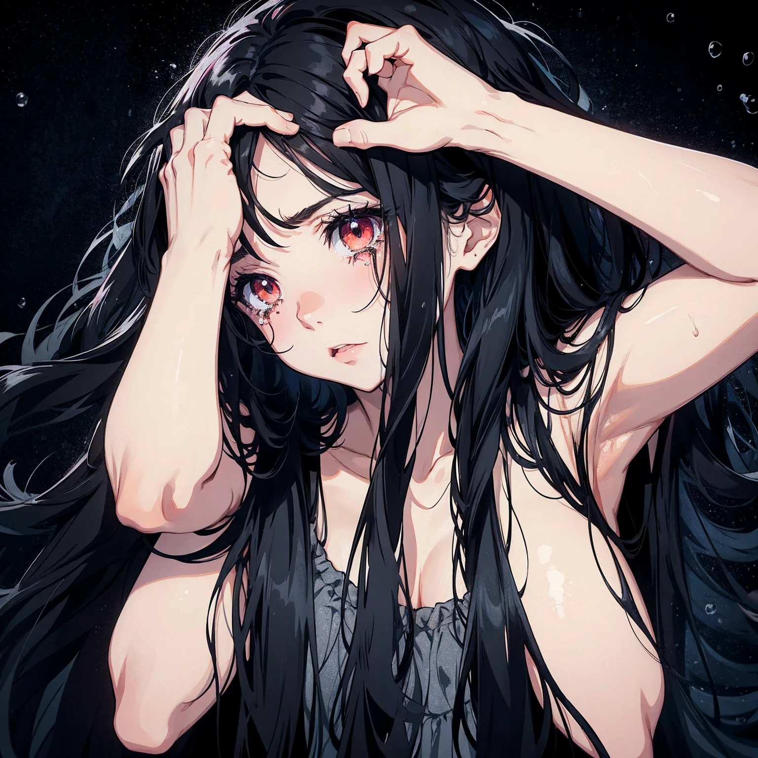 despair, girl, tears, arms covering face, black hair, long hair, messy hair, runny makeup, black background, rain, portrait