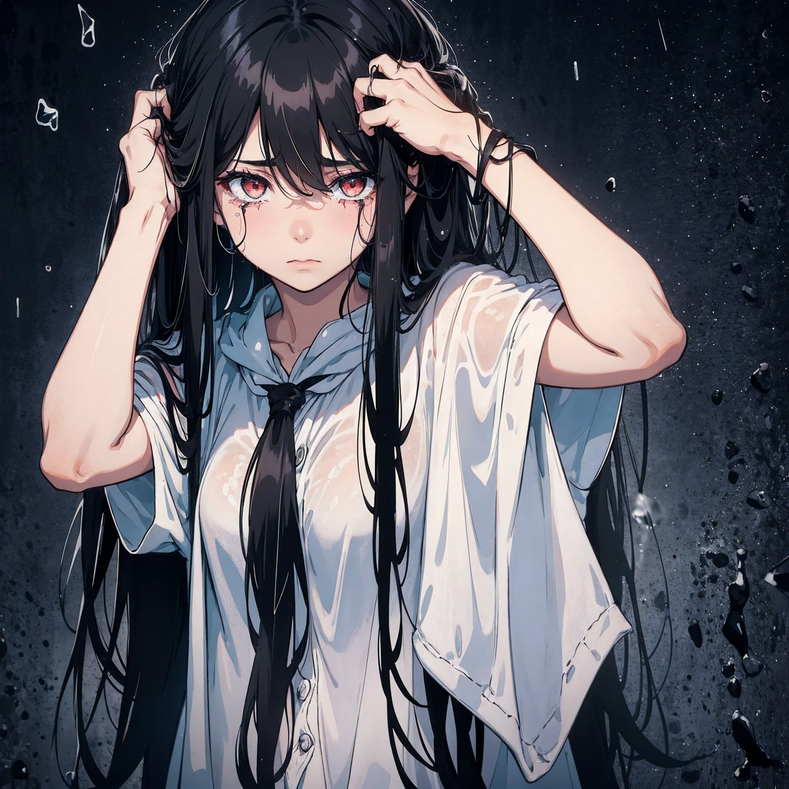 despair, girl, tears, arms covering face, black hair, long hair, messy hair, runny makeup, black background, rain, portrait