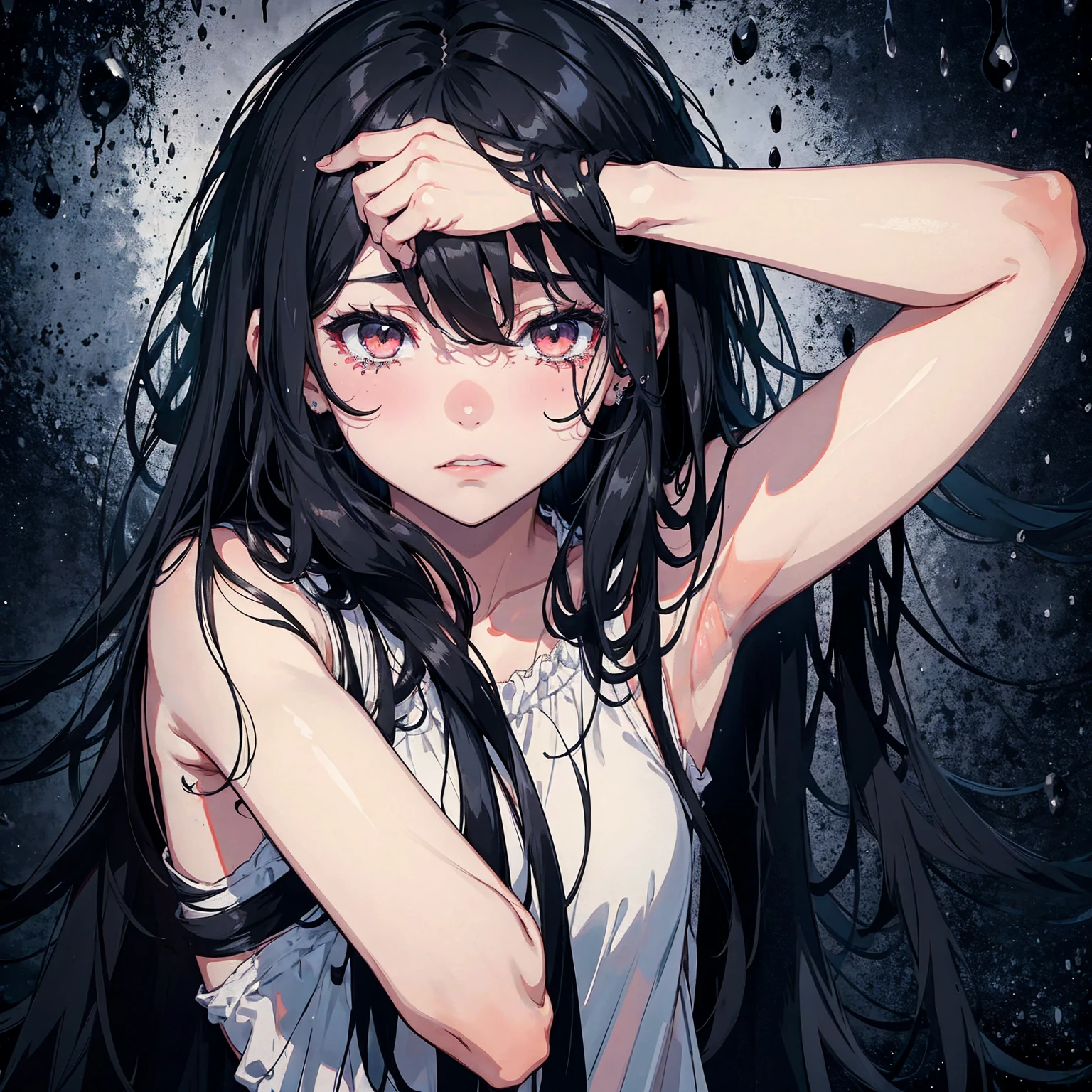 despair, girl, tears, arms covering face, black hair, long hair, messy hair, runny makeup, black background, rain, portrait