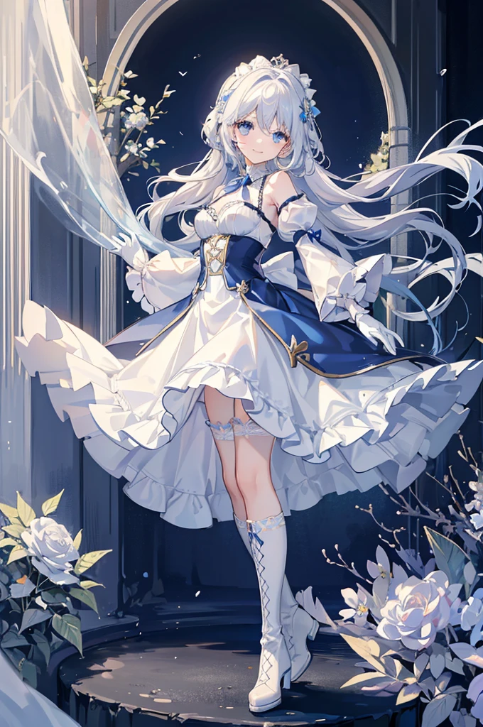 A woman with white hair and blue eyes、adult、Long, fluffy wavy hair、Braiding、Wearing hair ornaments、Smiling、Princess、White gloves、Blue-tinted dress、ribbon、Decorations such as roses and drops、race、The dress is short in the front and long in the back、Garter Ring、short boots、Fantasy