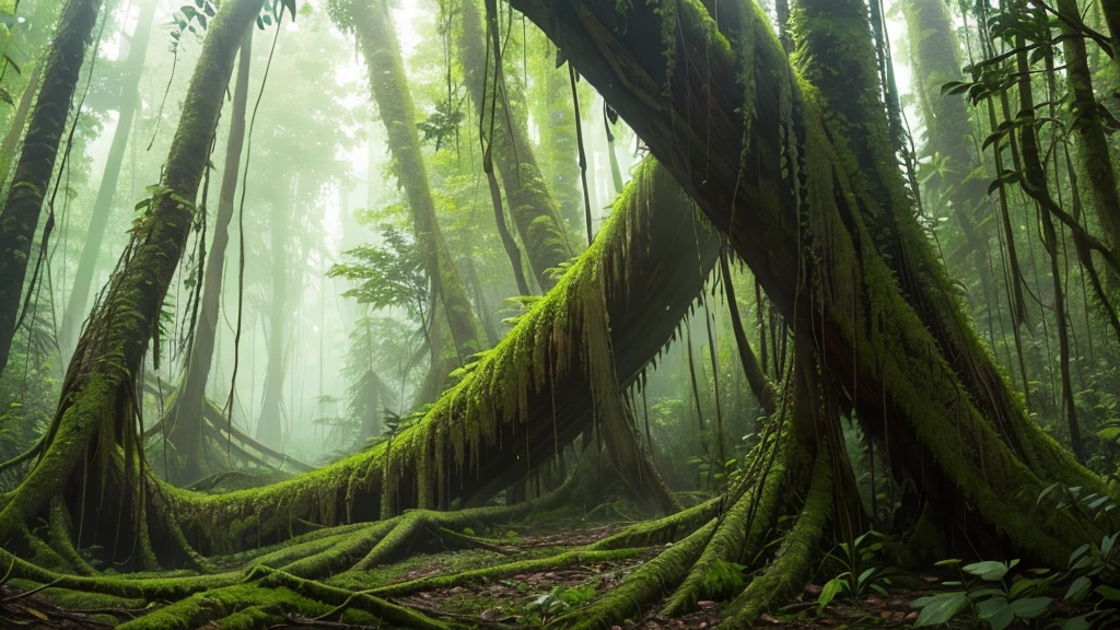 Rainforest where trees have twisted trunks and leaves that look like they're made of water. A central clearing reveals a lake reflecting a grayish sky where rain creatures, like flying fish and glass frogs, float across the scene Smooth, ethereal animation style, with a soft and fresh color palette: light blues, bright greens and delicate pinks